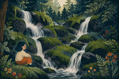 Serene Waterfall in Evergreen Moss Forest