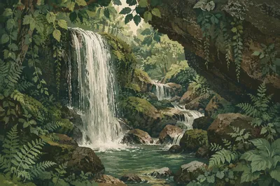 Secluded Waterfall in Evergreen Forest Ravine