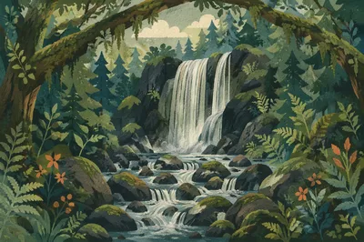 Secluded Waterfall in Lush Evergreen Forest