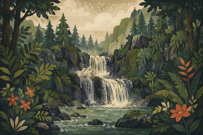 Evergreen Waterfall in Misty Rainforest Canyon
