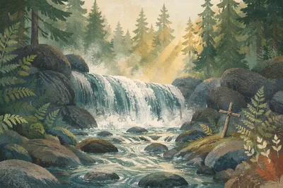 Evergreen Forest Waterfall with Hidden Cross