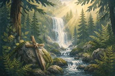 Evergreen Waterfall Cross in Morning Mist