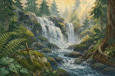 Evergreen Forest Waterfall with Rustic Cross