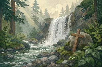 Evergreen Forest Waterfall with Wooden Cross