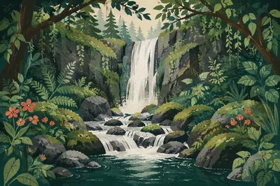 Tranquil Waterfall in Evergreen Forest