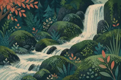 Evergreen Forest Waterfall with Mossy Boulders