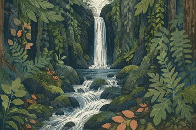 Hidden Waterfall in Evergreen Forest Gorge