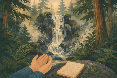Prayerful Waterfall in Evergreen Forest