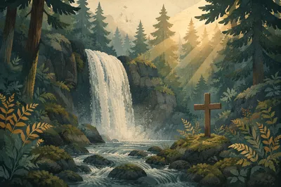 Secluded Evergreen Waterfall with Wooden Cross