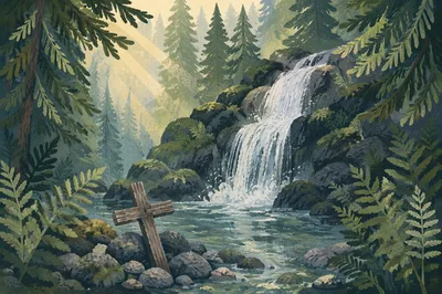 Hidden Forest Waterfall with Wooden Cross