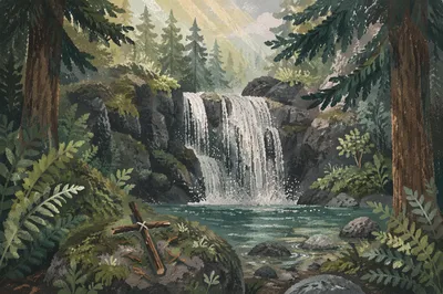 Evergreen Forest Waterfall with Twig Cross