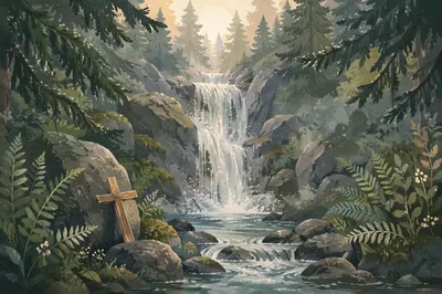 Hidden Evergreen Waterfall with Weathered Cross