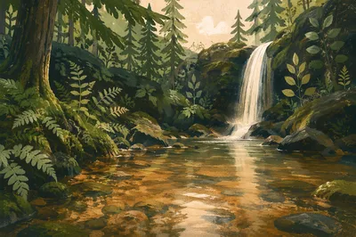 Peaceful Waterfall in Evergreen Forest Ravine