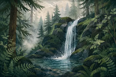 Misty Waterfall in Evergreen Forest