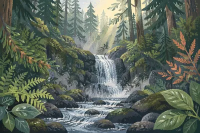 Serene Waterfall in Evergreen Forest Mist
