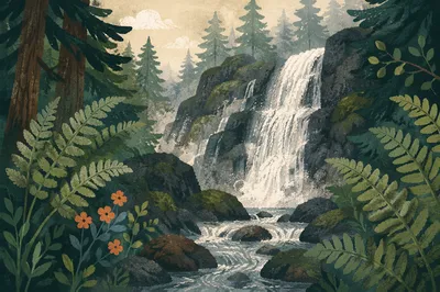 Misty Waterfall in Evergreen Forest