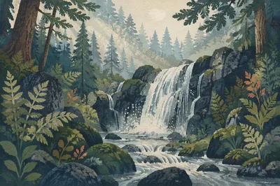Hidden Evergreen Forest Waterfall at Dawn