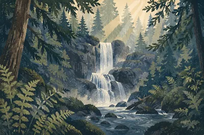 Peaceful Waterfall in Evergreen Forest