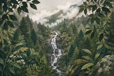 Misty Waterfall in Evergreen Mountain Forest