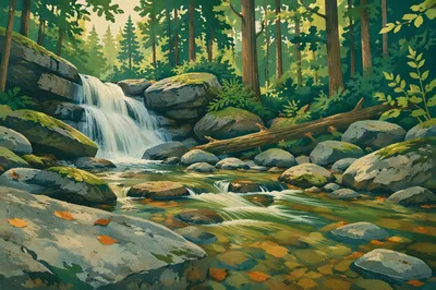 Peaceful Waterfall in Evergreen Forest