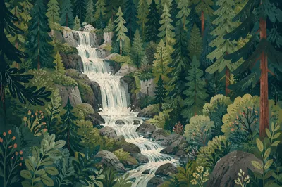 Secluded Waterfall in Evergreen Forest