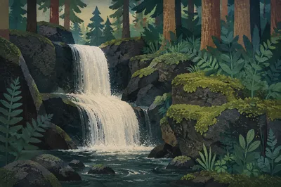 Evergreen Forest Waterfall with Mossy Rocks