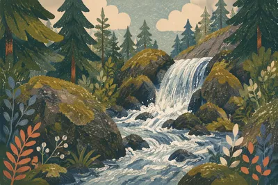 Evergreen Forest Waterfall with Mossy Rocks