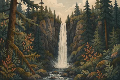Serene Evergreen Forest Waterfall Gorge