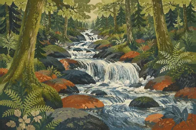 Peaceful Waterfall in Evergreen Forest