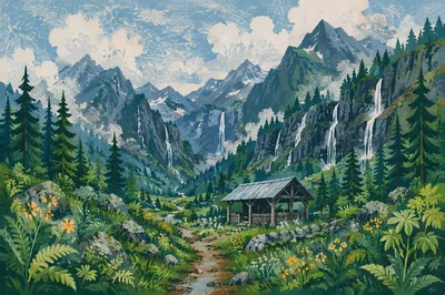 Evergreen Forest Waterfalls and Rustic Shelter
