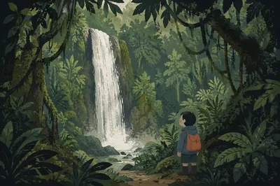 Secluded Evergreen Waterfall Through Forest Canopy