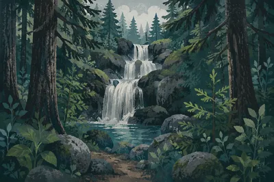 Secluded Evergreen Waterfall Forest Scene