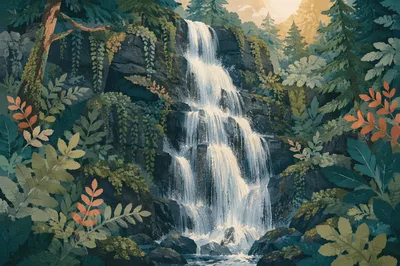 Evergreen Forest Waterfall in Folk Art Style