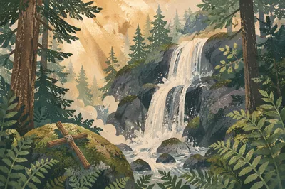 Evergreen Forest Waterfall with Twig Cross