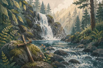 Evergreen Waterfall With Humble Wooden Cross