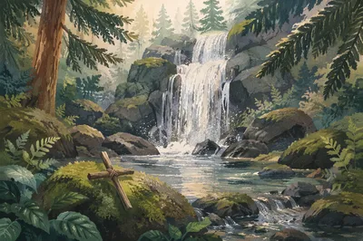 Evergreen Forest Waterfall with Twig Cross