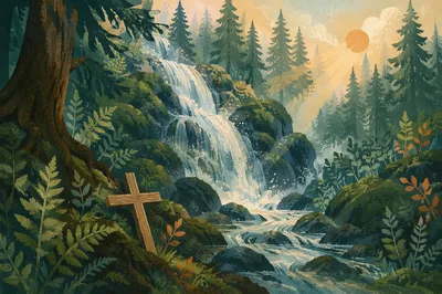 Wooden Cross by Evergreen Forest Waterfall