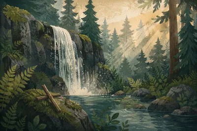 Prayerful Waterfall in Evergreen Forest