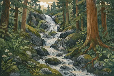Serene Waterfall in Evergreen Forest