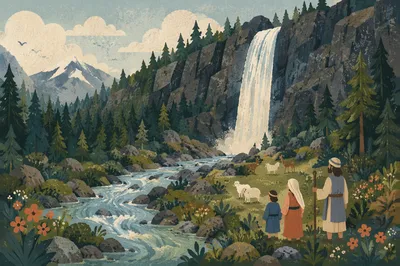 Evergreen Waterfall Valley With Glacial River