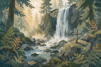 Evergreen Waterfall with Quiet Wooden Cross