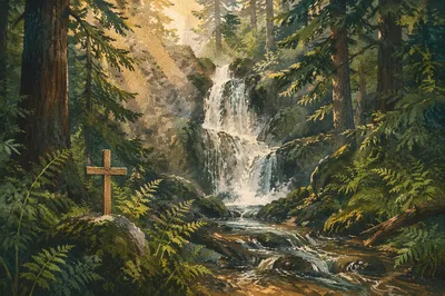 Evergreen Waterfall with Wooden Cross
