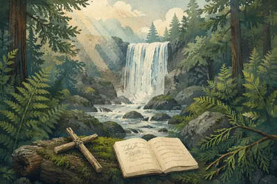 Evergreen Forest Waterfall Prayer Cross