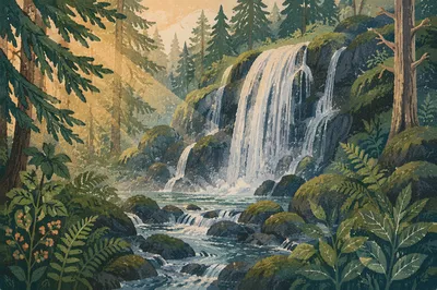 Evergreen Forest Waterfall in Morning Light