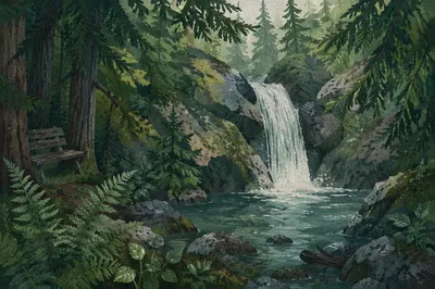 Secluded Evergreen Waterfall in Morning Mist