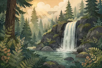 Evergreen Forest Waterfall of Renewal