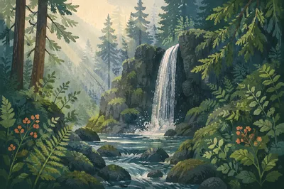 Evergreen Forest Waterfall at Dawn
