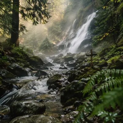 Evergreen Forest Waterfall with Subtle Wooden Cross