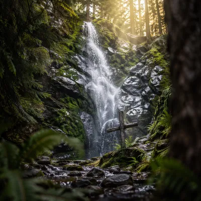 Wooden Cross by Evergreen Forest Waterfall