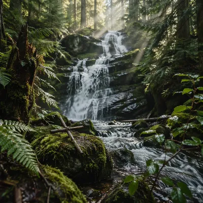 Evergreen Forest Waterfall with Humble Cross